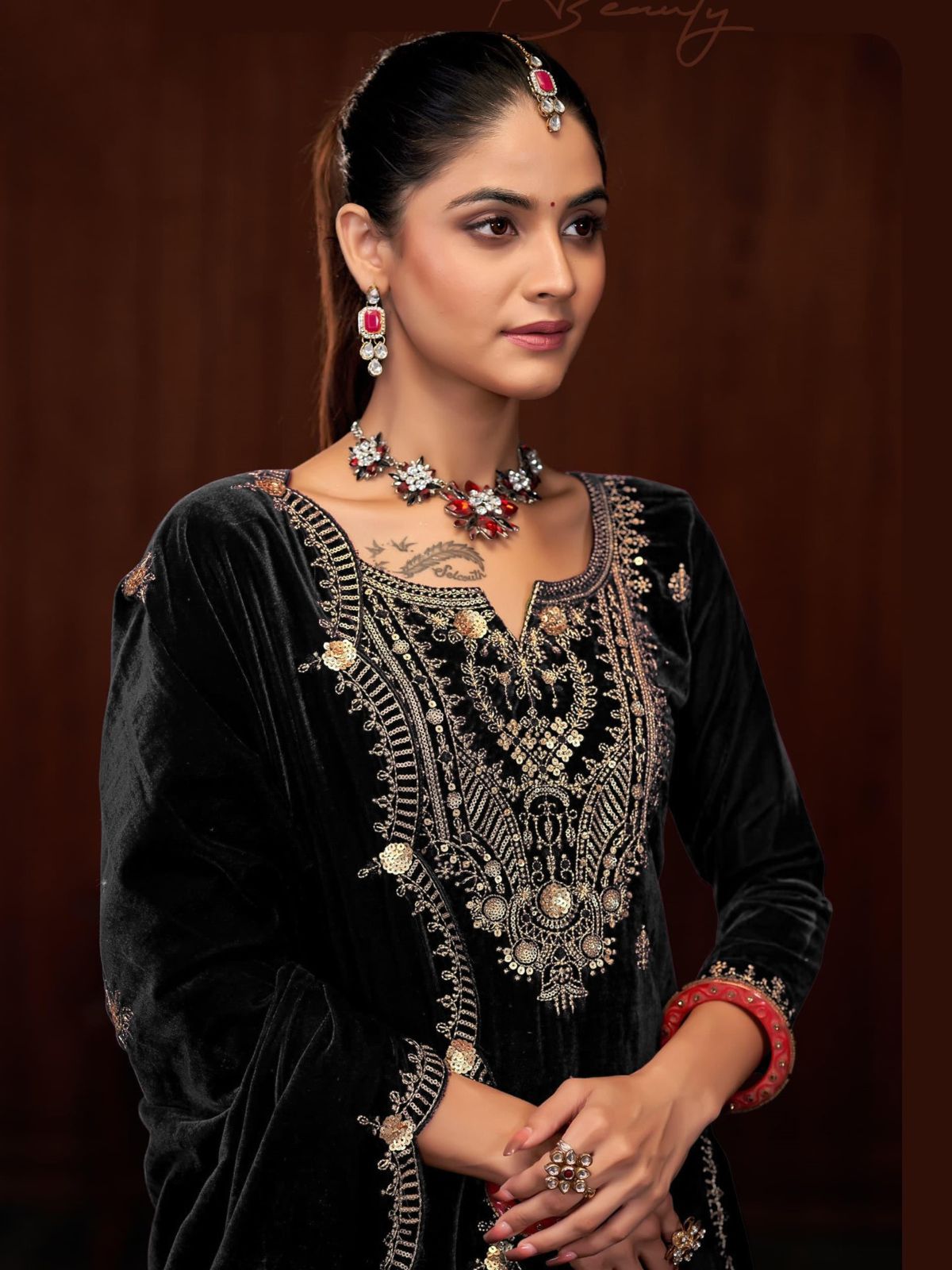 Odette Black Velvet Embroidered Semi-Stitched Kurta Set For Women