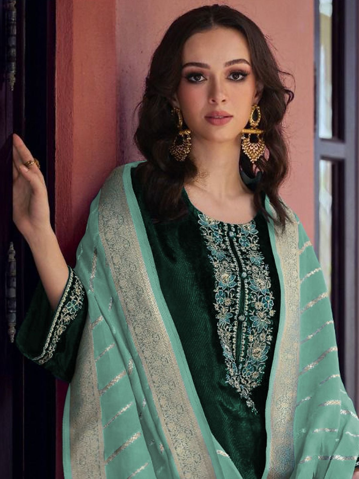 Odette Dark Green Velvet Embroidery Semi-Stitched Kurta Set For Women