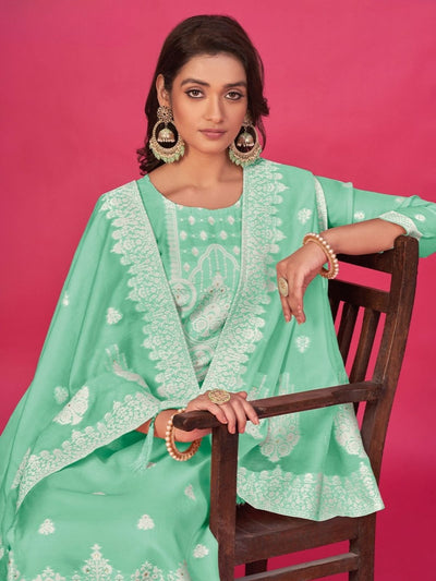 Odette Green Organza Embroidered Semi-Stitched Kurta Set For Women