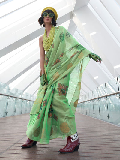 Odette Green Tissue Printed Saree With Unstitched Blouse For Women