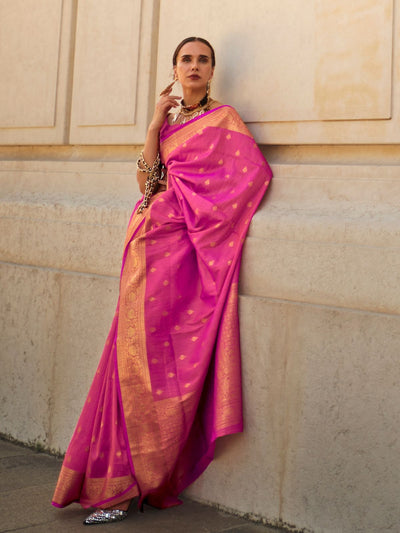 Odette Pink Silk Blend Woven Saree With Unstitched Blouse For Women