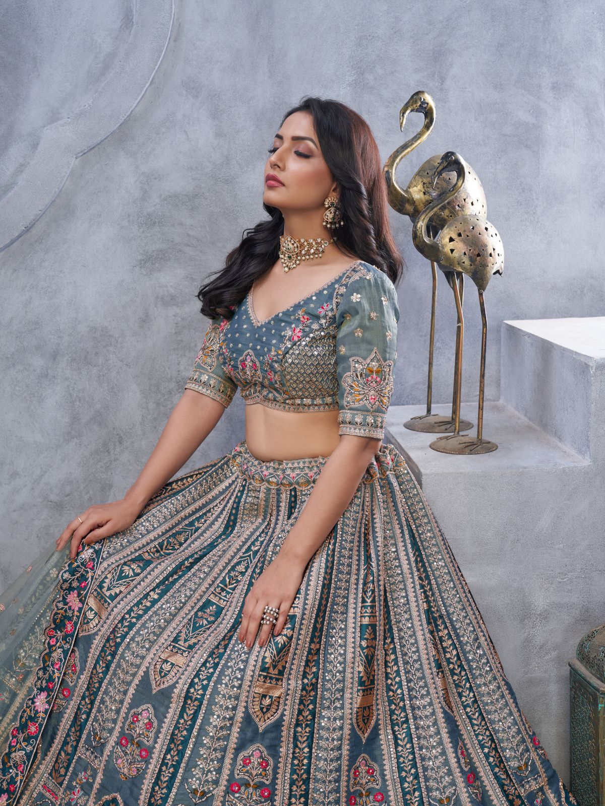 Odette Grey Organza Embellished Semi-Stitched Lehenga With Unstitched Blouse For Women