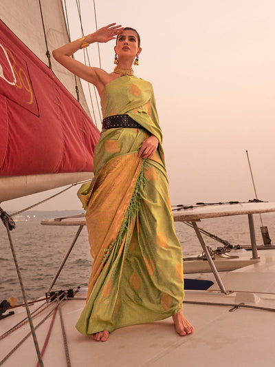 Odette Green Satin Woven Saree With Unstitched Blouse for Women