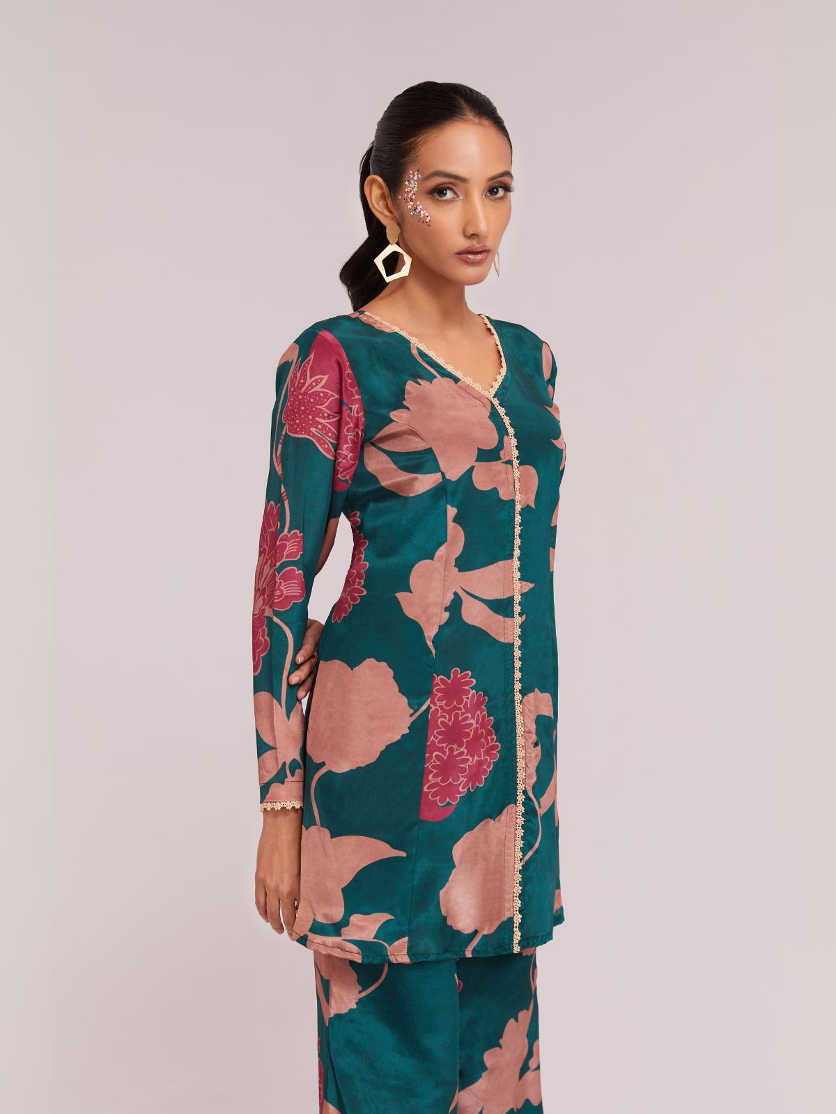 Odette Teal Silk Blend Printed Stitched Co-Ord Set For Women