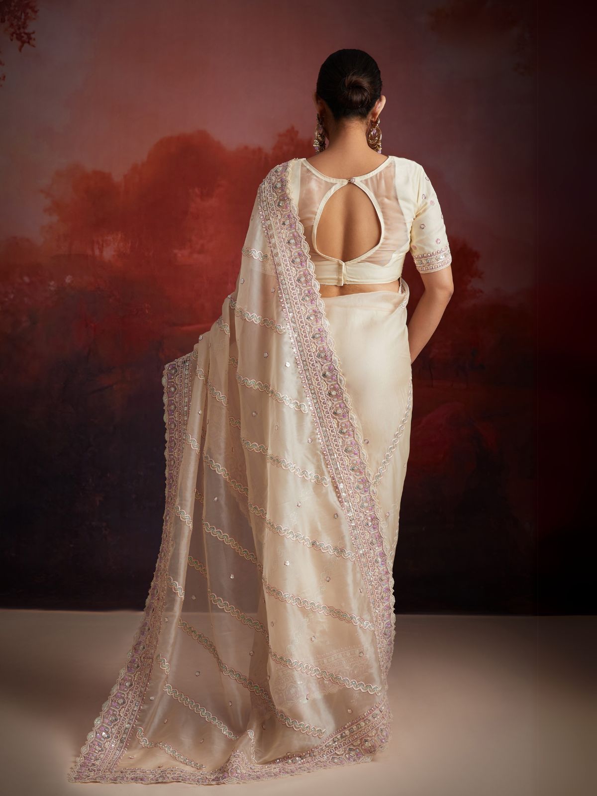 Odette Cream Soft Net Embellished Saree For Women