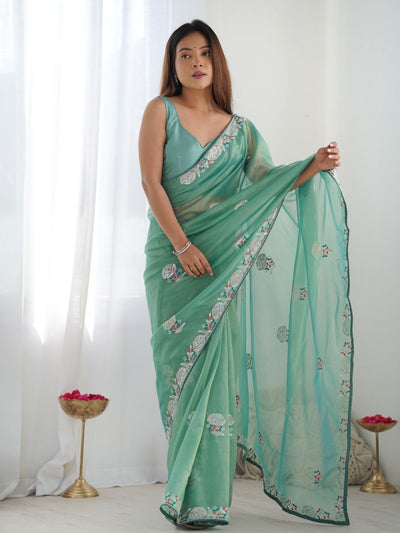 Odette Sea Green Net Sequins Embroidered Saree With Unstitched Blouse For Women