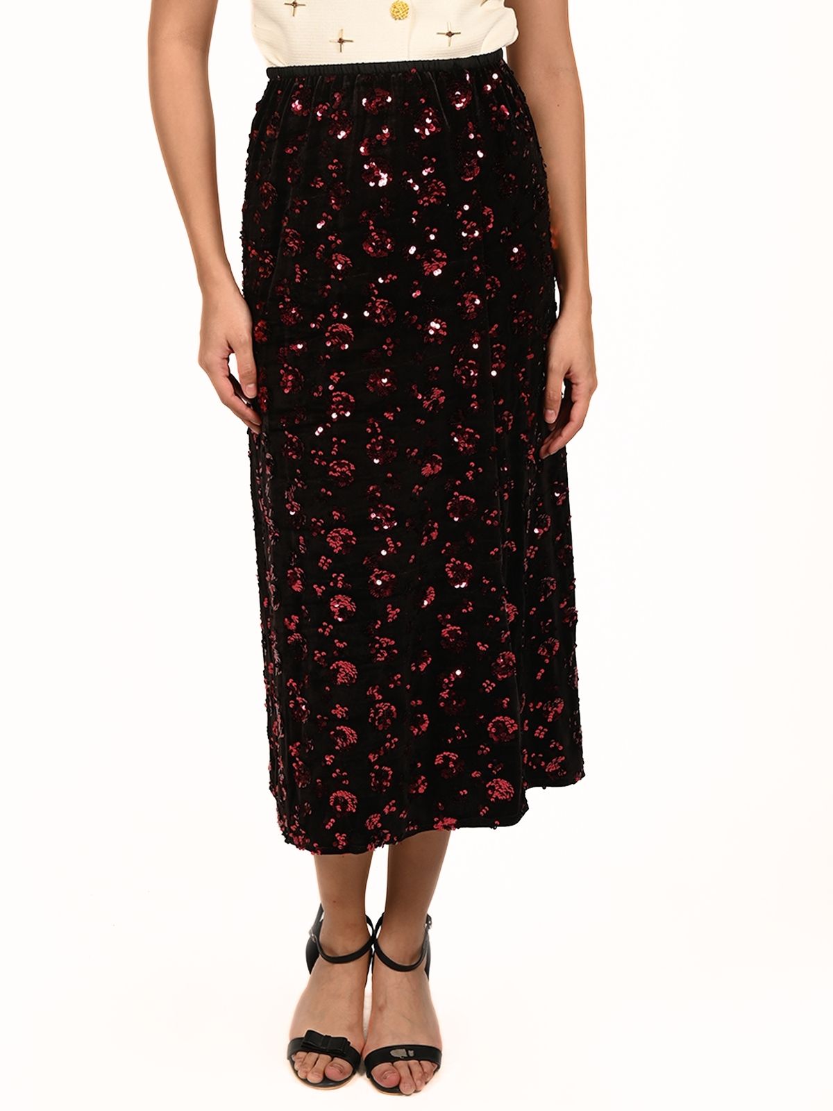 Odette Black Velvet Embellished Skirt For Women