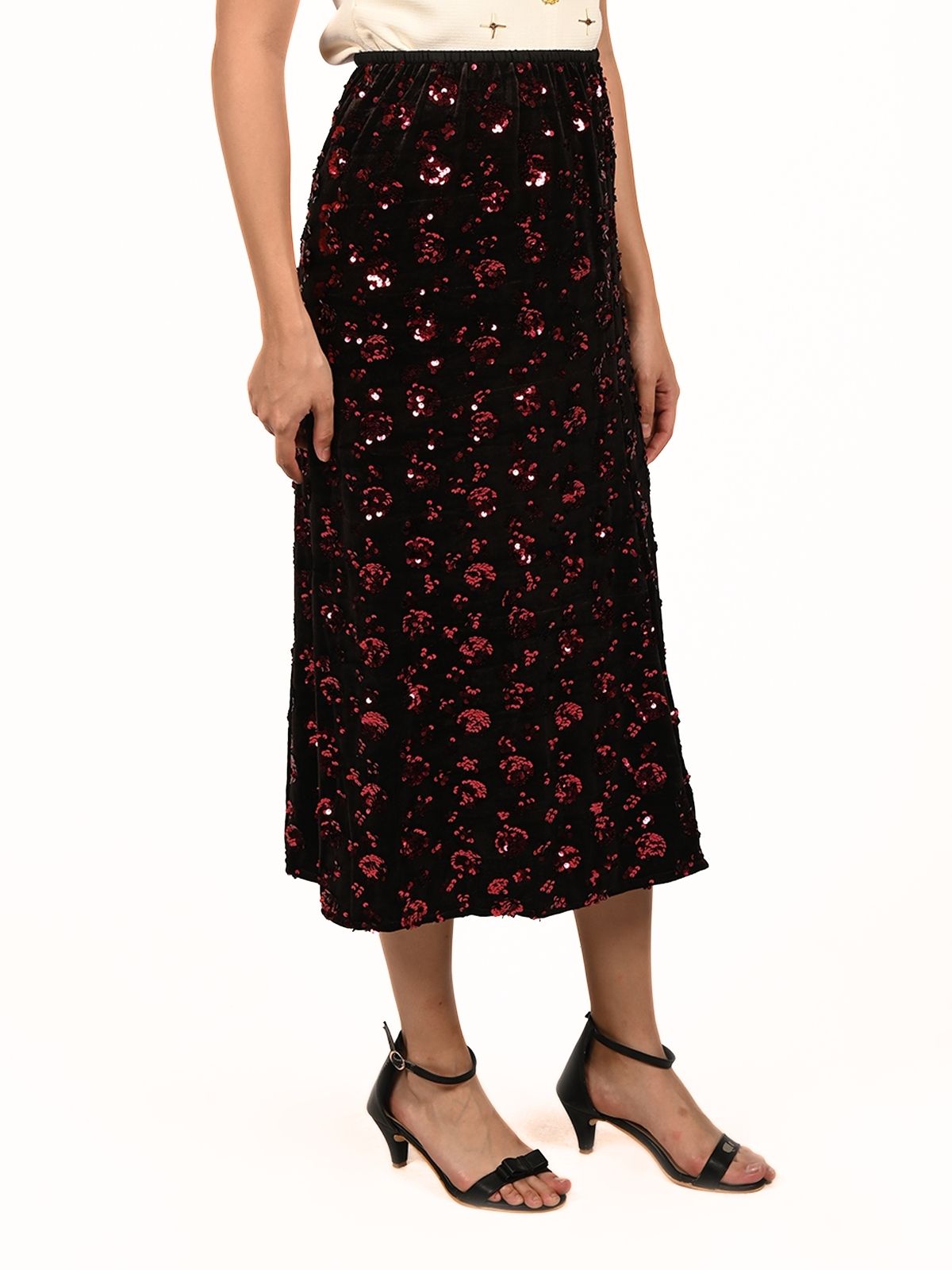 Odette Black Velvet Embellished Skirt For Women