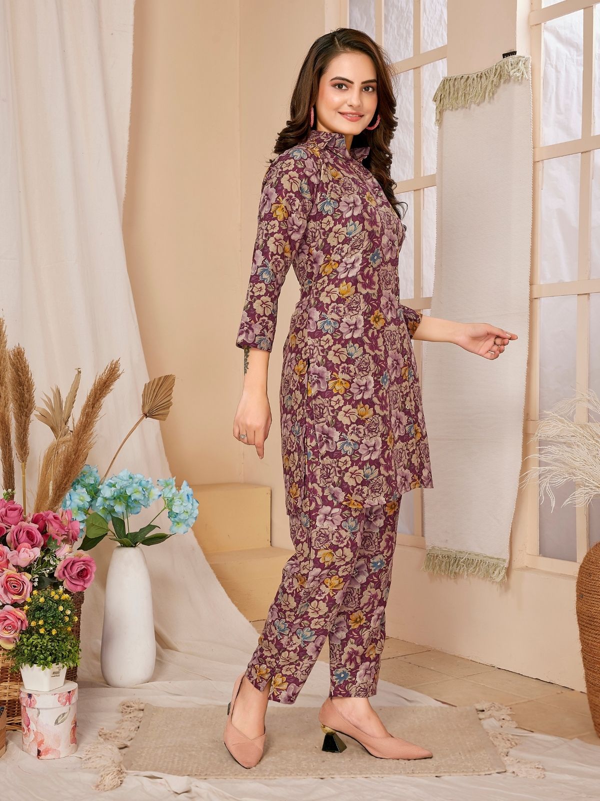 Odette Multicolor Rayon Floral Printed Semi-Stitched Co-Ord Set For Women