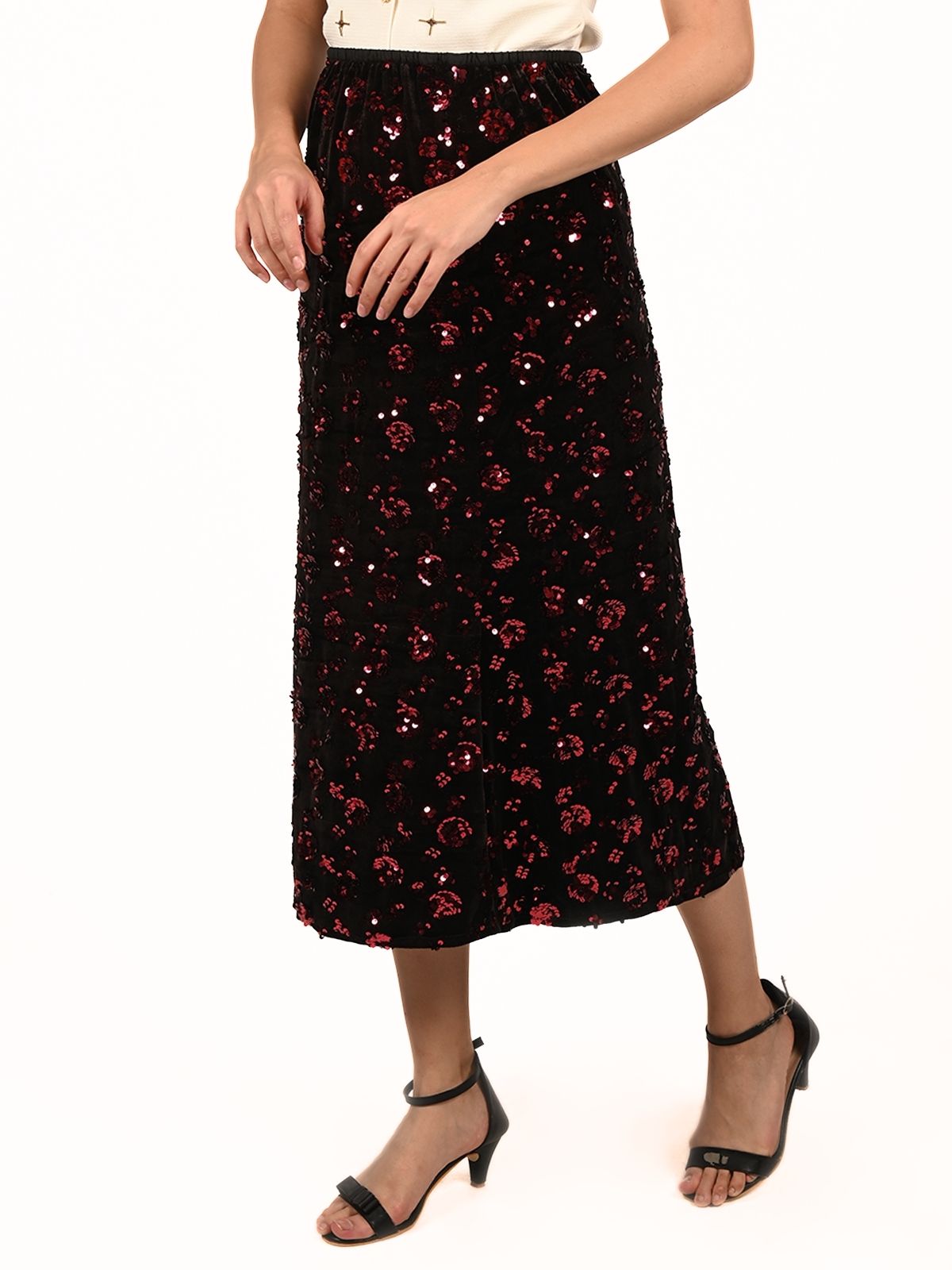 Odette Black Velvet Embellished Skirt For Women