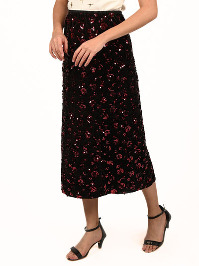 Odette Black Velvet Embellished Skirt For Women