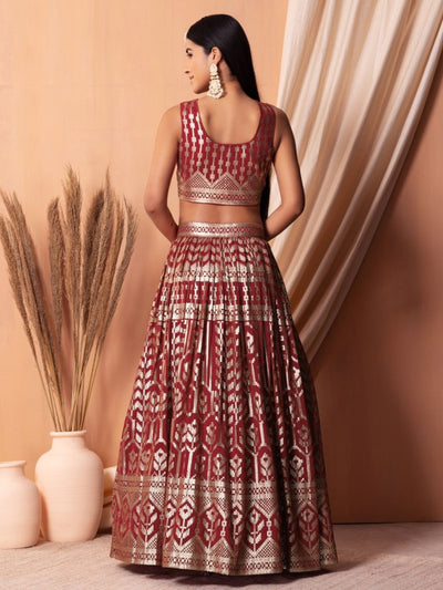 Odette Maroon Georgette Embellished Semi-Stitched Lehenga For Women