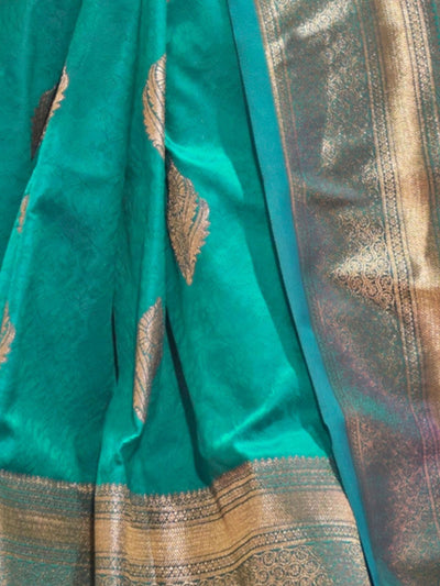 Odette Green Silk Blend Woven Saree With Unstitched Blouse For Women