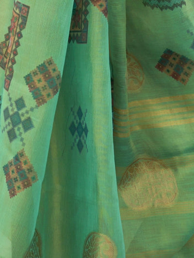 Odette Green Tissue Printed Saree With Unstitched Blouse For Women