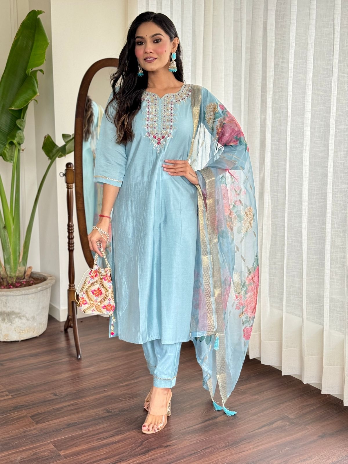 Odette Blue Viscose chanderi Embroidered Stitched Kurta Set For Women