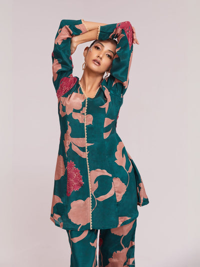 Odette Teal Silk Blend Printed Stitched Co-Ord Set For Women