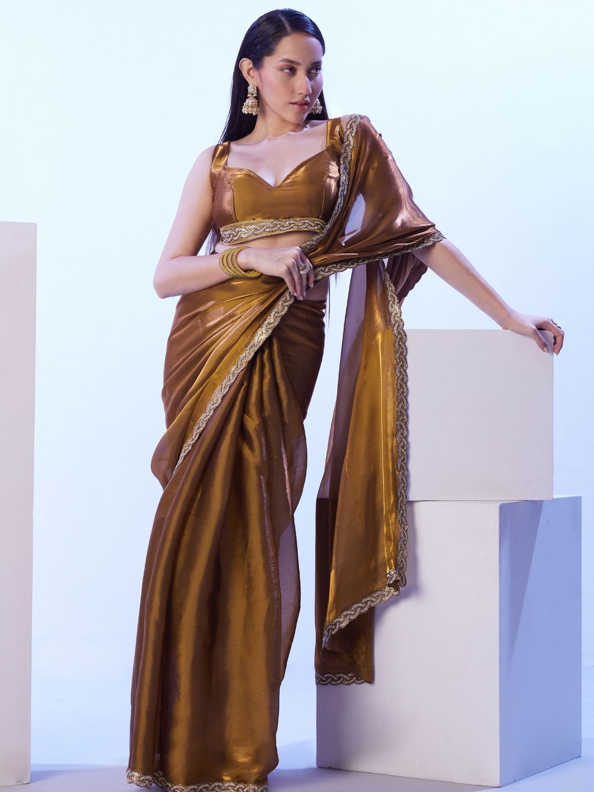 Odette Brown Satin Lace Work Saree With Unstitched Blouse For Women