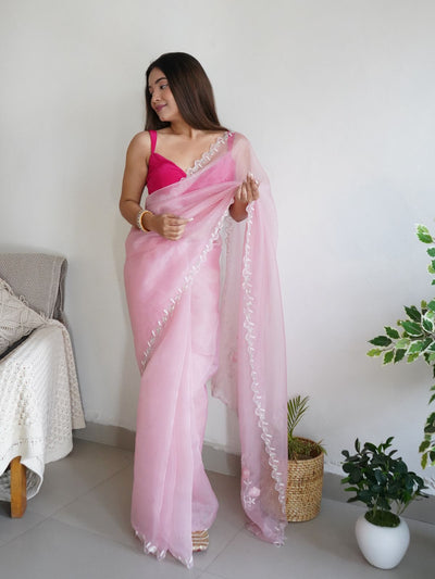 Odette Pink Organza Embroidered Saree With Unstitched Blouse For Women