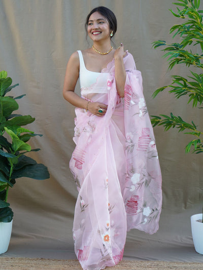 Odette Light Pink Organza Printed Saree With Unstitched Blouse For Women