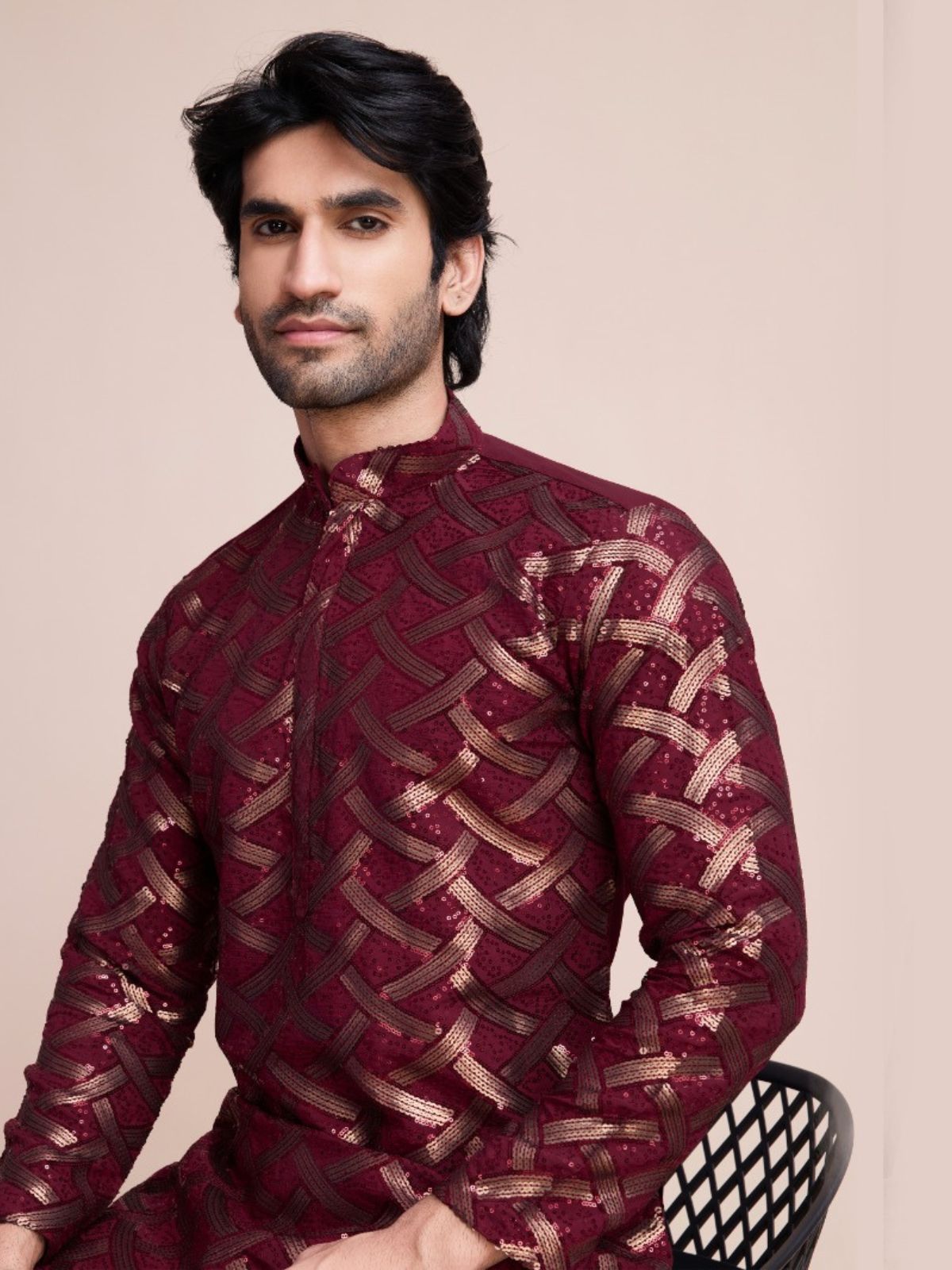 Odette Maroon Silk Blend Sequins Stitched  Kurta For Men