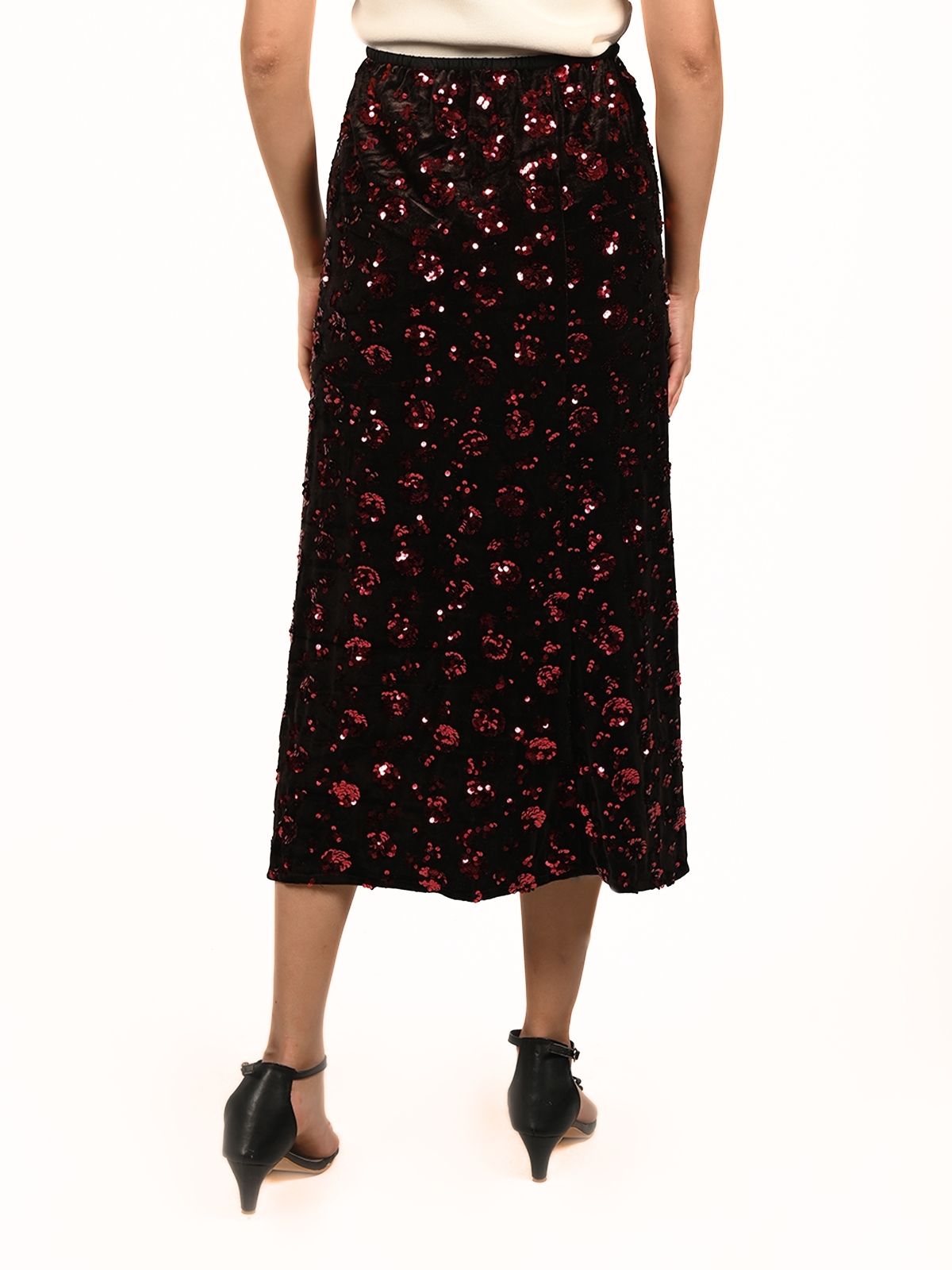 Odette Black Velvet Embellished Skirt For Women