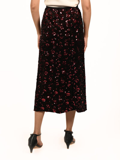 Odette Black Velvet Embellished Skirt For Women