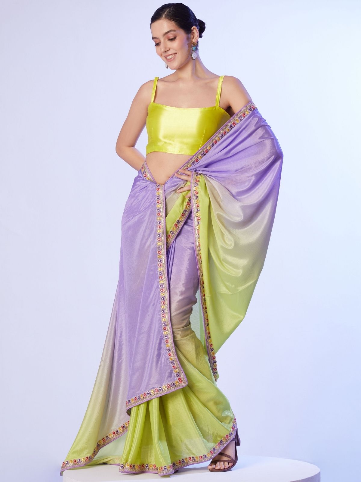 Odette Lavender And Yellow Chinon Lace Work Saree With Unstitched Blouse For Women