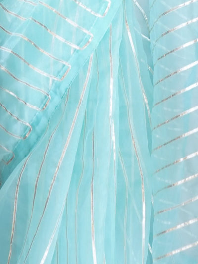 Odette Light Blue Organza Lace Work Saree With Unstitched Blouse For Women