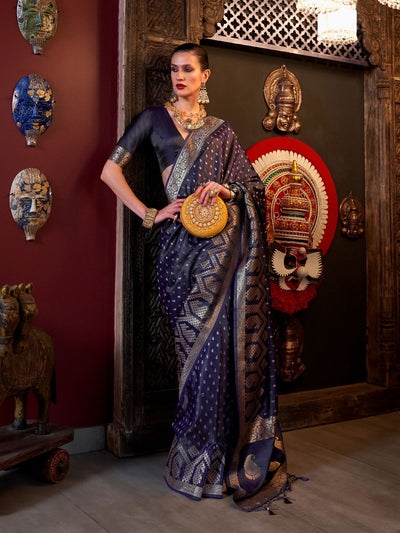 Odette Navy Blue Satin Woven Saree With Unstitched Blouse For Women