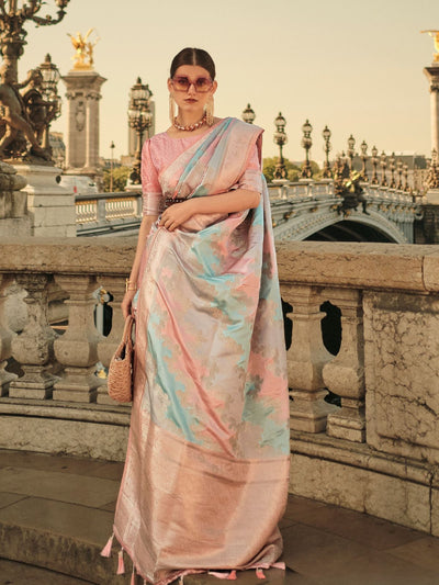 Odette Pink Silk Blend Woven Saree With Unstitched Blouse For Women