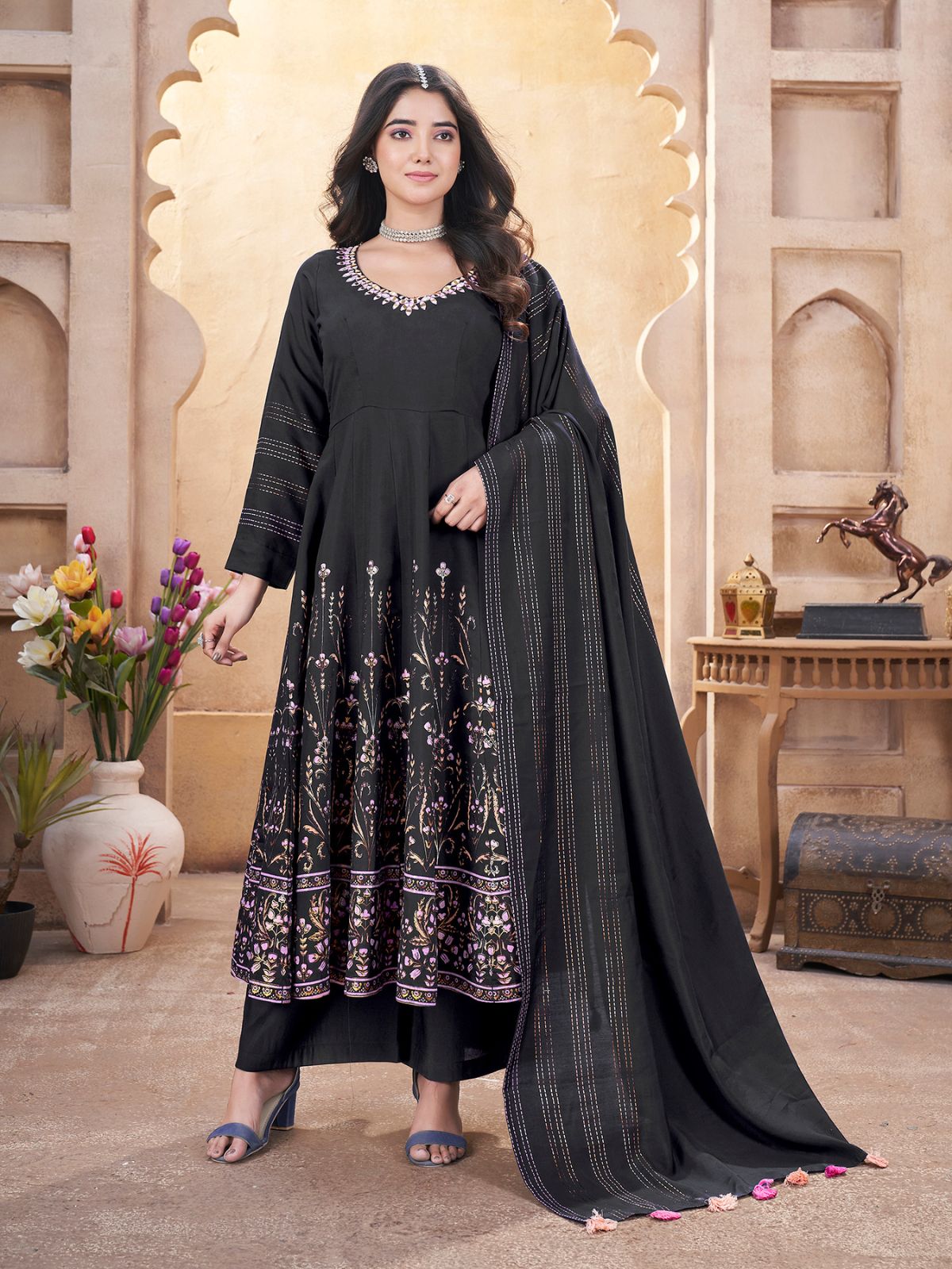 Odette Black Silk Blend Printed Stitched Kurta Set For Women