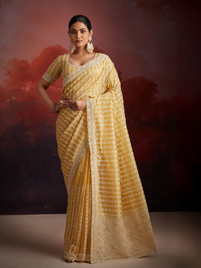 Odette Mustard Organza Embellished Saree For Women