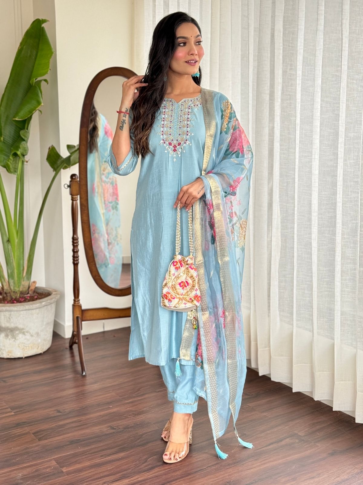 Odette Blue Viscose chanderi Embroidered Stitched Kurta Set For Women