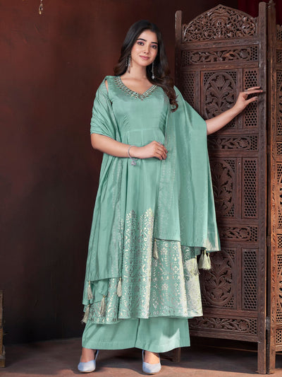 Odette Green Silk Blend Woven Stitched Kurta Set For Women