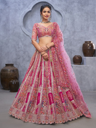 Odette Pink Organza Embellished Semi-Stitched Lehenga With Unstitched Blouse For Women