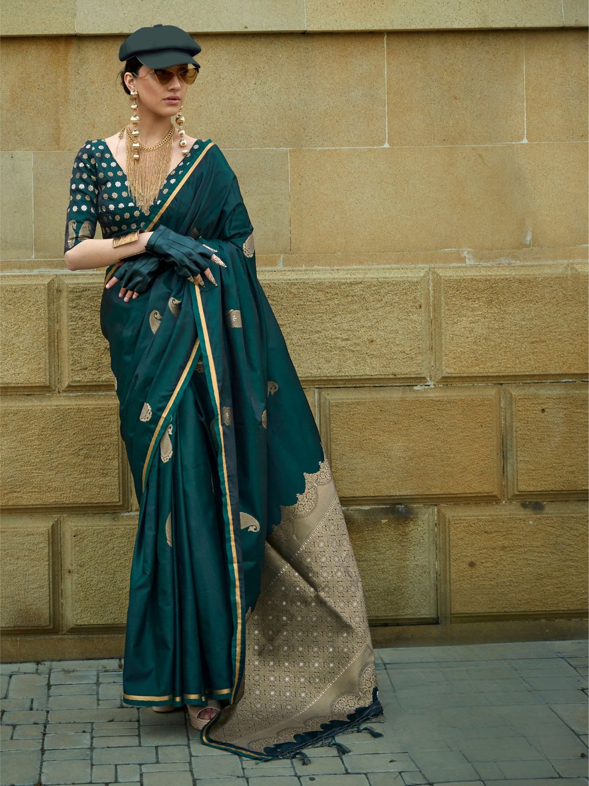 Odette Dark Green Satin Woven Saree With Unstitched Blouse For Women