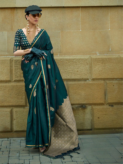 Odette Dark Green Satin Woven Saree With Unstitched Blouse For Women