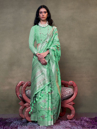 Odette Green Silk Blend Woven Saree With Unstitched Blouse For Women