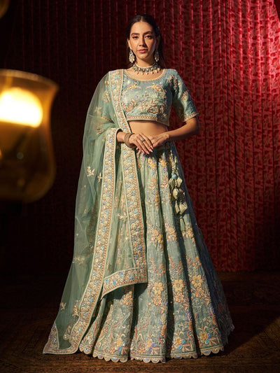 Odette Blue Organza Embroidered Semi-Stitched Lehenga For Women