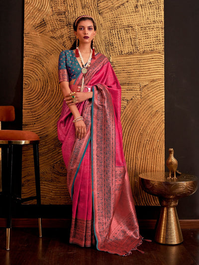 Odette Pink Silk Blend Woven Saree With Unstitched Blouse For Women