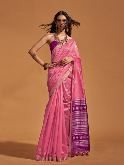 Odette Light Pink Silk Blend Woven Saree With Unstitched Blouse For Women