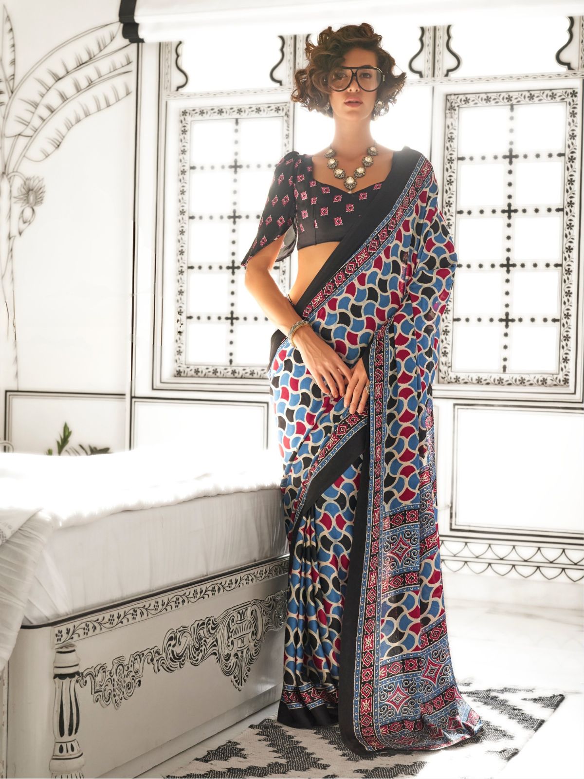 Odette Multicolor Satin Printed Saree With Unstitched Blouse For Women