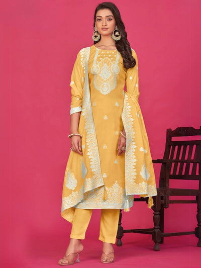 Odette Yellow Organza Embroidered Semi-Stitched Kurta Set For Women