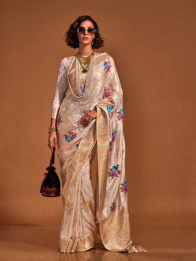 Odette Beige Satin Woven Saree With Unstitched Blouse For Women