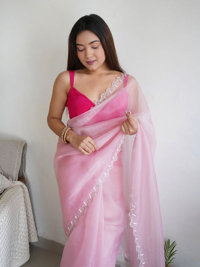 Odette Pink Organza Embroidered Saree With Unstitched Blouse For Women