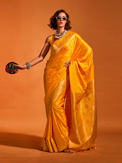 Odette Yellow Satin Woven Saree With Unstitched Blouse For Women