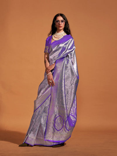 Odette Purple Silk Blend Woven Saree With Unstitched Blouse For Women