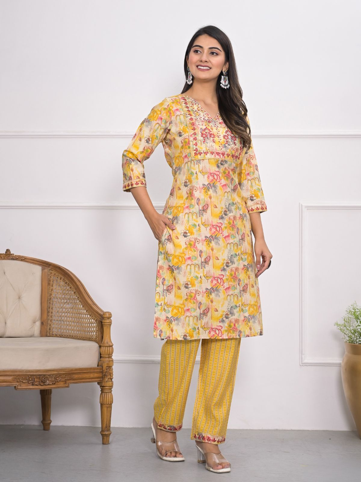 Odette Yellow Chanderi Embroidered And Printed Stitched Kurta Set Without Dupatta For Women