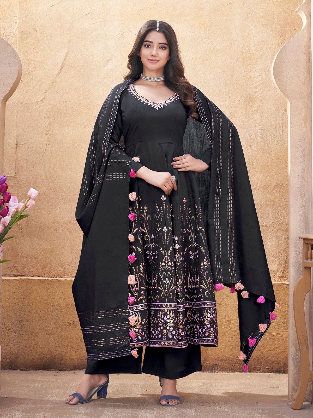 Odette Black Silk Blend Printed Stitched Kurta Set For Women