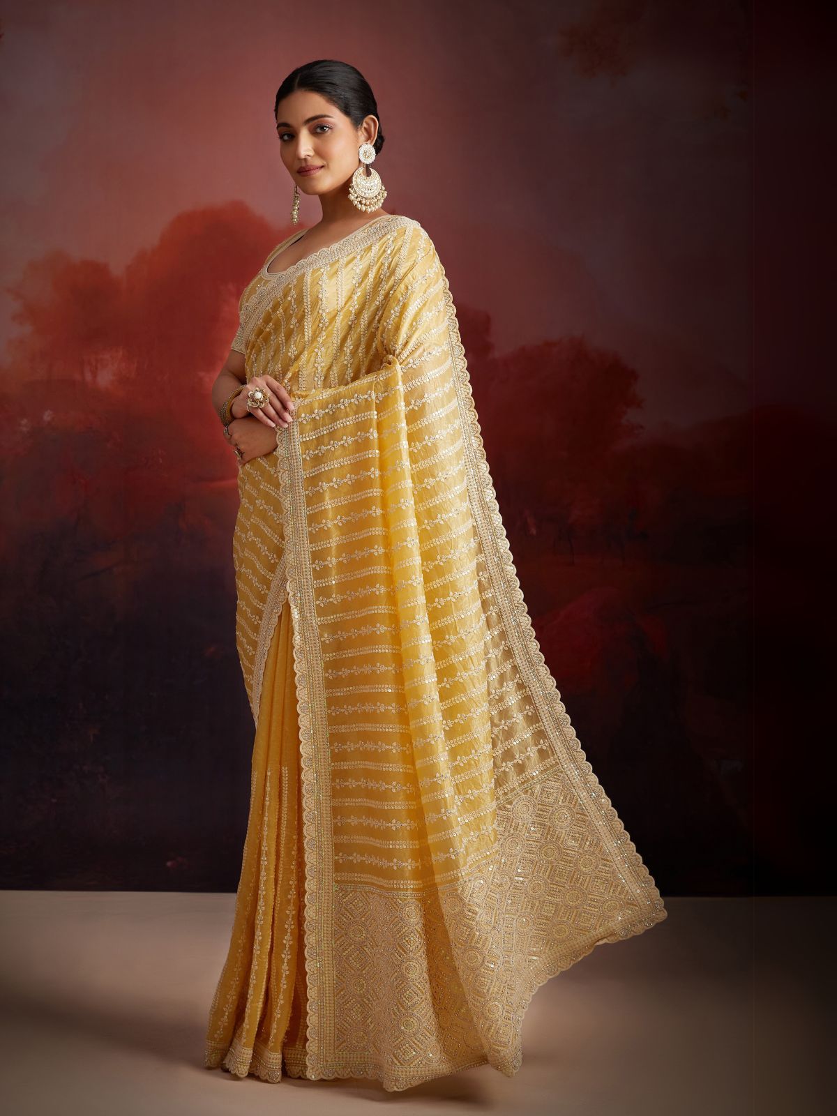 Odette Mustard Organza Embellished Saree For Women